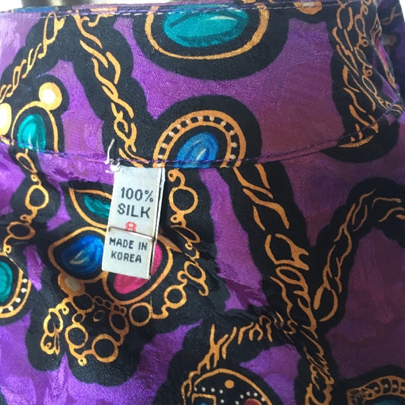 Vintage 80s Purple Silk Christmas Theme Blouse 8 - Picture 5 of 6